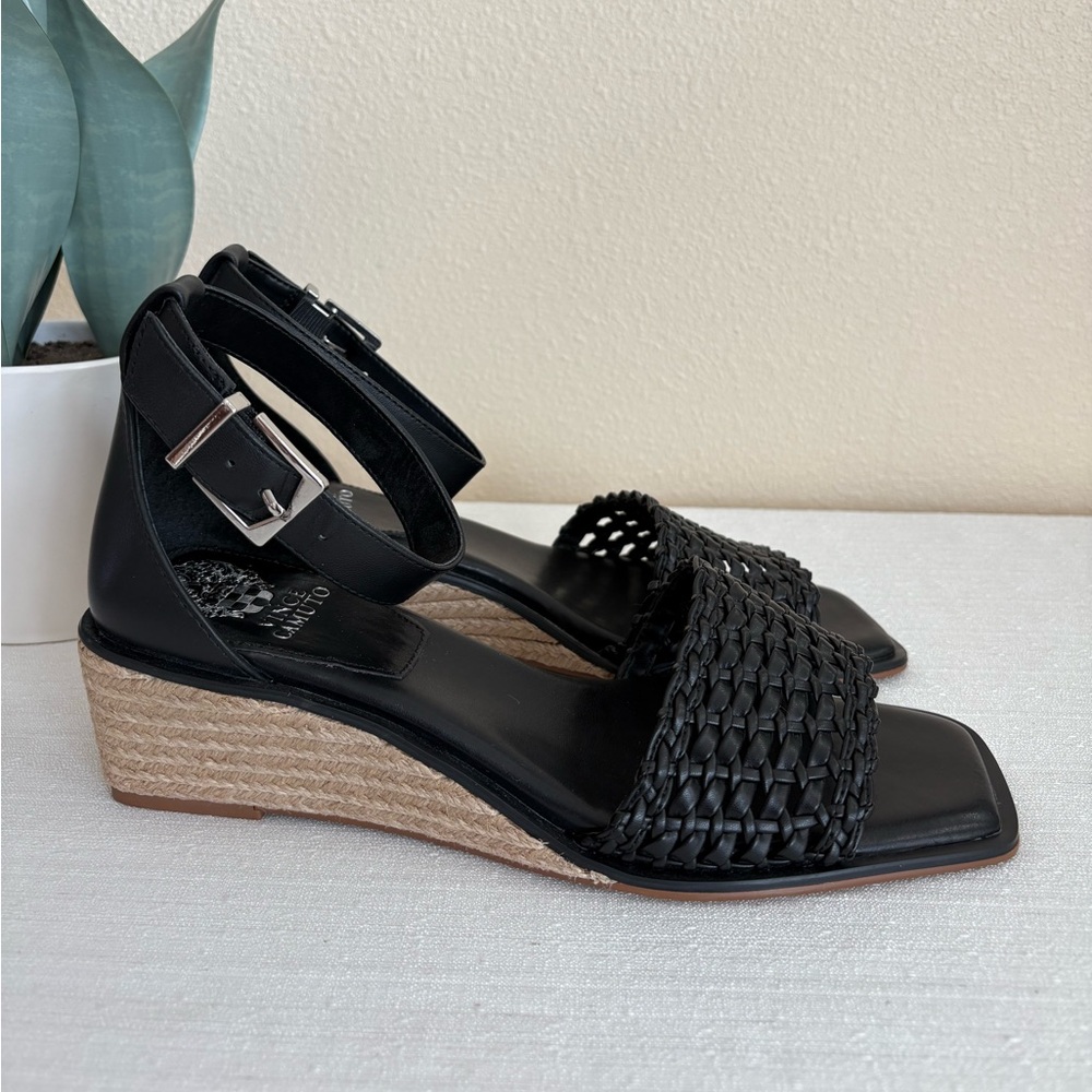 Black Woven Ankle Strap Wedge Sandals - Brand:
